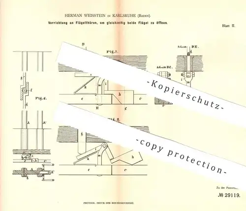 original Patent - Hermann Weisstein , Karlsruhe , 1884 , Flügeltüren mit gleichzeitiger Öffnung beider Flügel | Tür !!