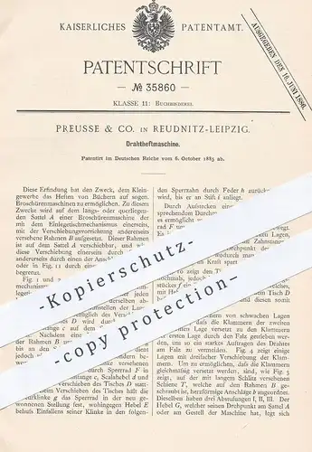 original Patent - Preusse & Co. , Leipzig / Reudnitz 1885 , Drahtheftmaschine | Draht - Heftmaschine , Buchbinder , Buch