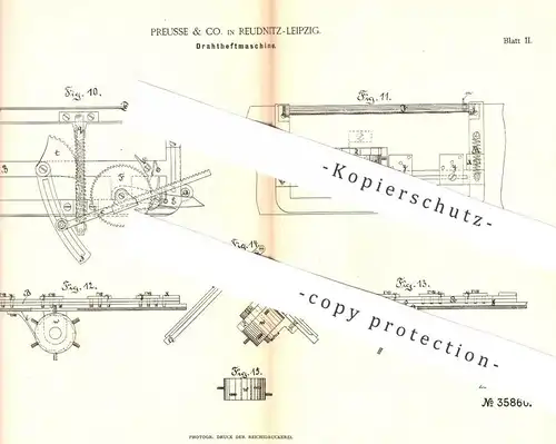 original Patent - Preusse & Co. , Leipzig / Reudnitz 1885 , Drahtheftmaschine | Draht - Heftmaschine , Buchbinder , Buch