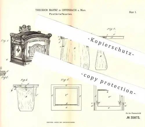 original Patent - Theodor Maynz , Offenbach / Main , 1885 , Postbriefkasten | Post - Briefkasten , Briefkästen , Brief !