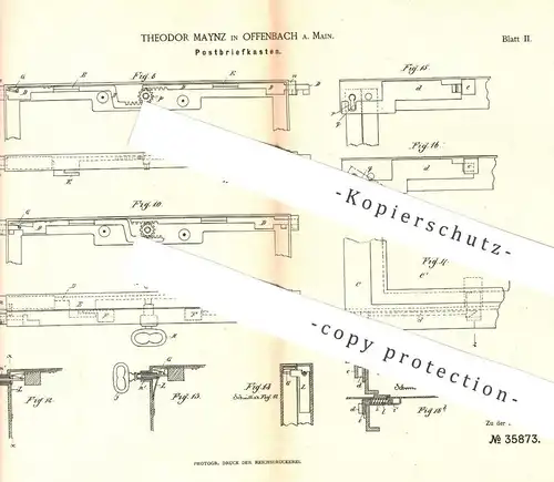 original Patent - Theodor Maynz , Offenbach / Main , 1885 , Postbriefkasten | Post - Briefkasten , Briefkästen , Brief !