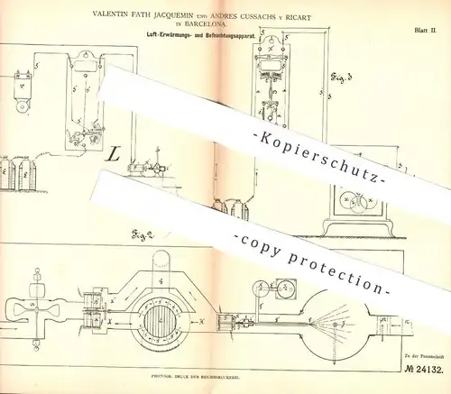 original Patent - Valentin Fath Jacquemin , Andres Cussachs y Ricart , Barcelona , 1882 , Erwärmen u. Befeuchten v. Luft