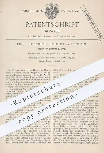 original Patent - Ernst Heinrich Schmidt , London , England , 1885 , Halter für Bleistift | Bleistifthalter , Füllhalter