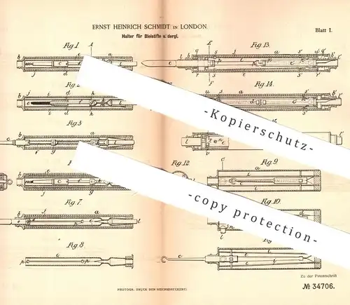 original Patent - Ernst Heinrich Schmidt , London , England , 1885 , Halter für Bleistift | Bleistifthalter , Füllhalter