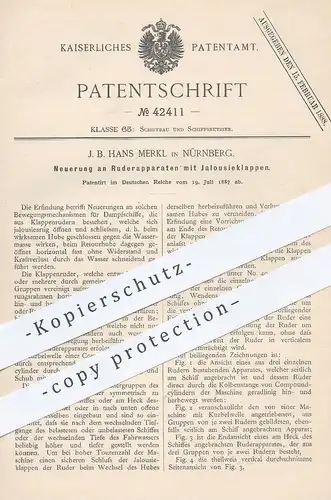 original Patent - J. B. Hans Merkl , Nürnberg , 1887 , Ruderapparat mit Jalousieklappen | Ruder , Rudern , Schiff , Boot