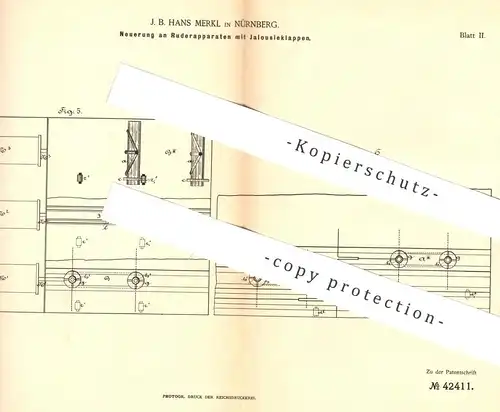 original Patent - J. B. Hans Merkl , Nürnberg , 1887 , Ruderapparat mit Jalousieklappen | Ruder , Rudern , Schiff , Boot