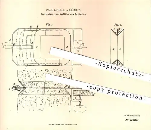 original Patent - P. Kindler , Görlitz , 1894 , Umfüllen von Bettfedern , Federn , Federbett , Bett , Betten , Haushalt