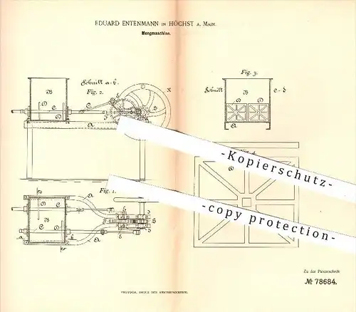 original Patent - E. Entenmann , Höchst Main 1893 , Mengmaschine , Vermengen von Teig , Fleisch / Fleischer , Schlachter