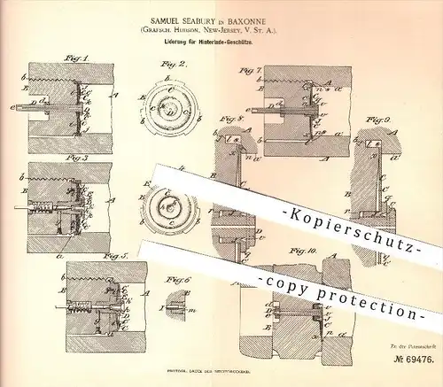 original Patent - S. Seabury , Baxonne Grafschaft Hudson , New Jersey USA , 1892 , Liderung für Hinterlade Geschütze !!