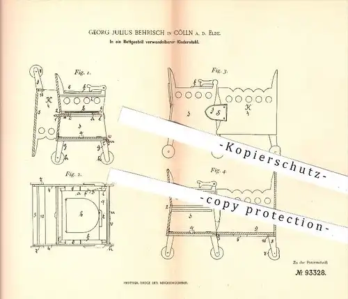 original Patent - G. J. Behrisch in Cölln / Elbe , 1896 , In ein Bettgestell verwandelbarer Kinderstuhl , Bett , Stuhl !