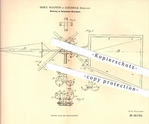 original Patent - Samuel Wolfson in Zaschnick , Russland , 1887 , horizontale Windräder / Windrad , Windkraft , Wind !!!