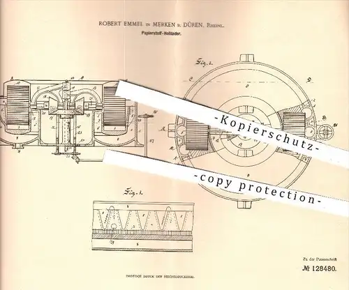 original Patent - Robert Emmel in Merken bei Düren , 1901 , Papierstoff - Holländer , Papier , Stoff , Walze , Walzen