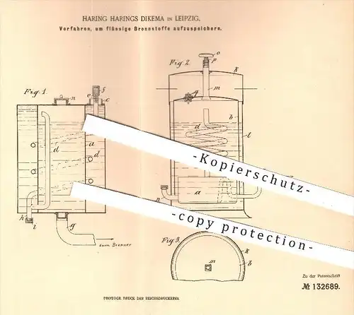 original Patent - Haring Harings Dikema in Leipzig , 1901 , Verfahren, um flüssige Brennstoffe aufzuspeichern / Brenner