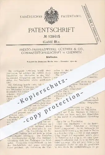 original Patent - Presto Fahrradwerke , Günther & Co. KG , Chemnitz , 1900 , Briefkasten , Brief , Briefe , Postkasten