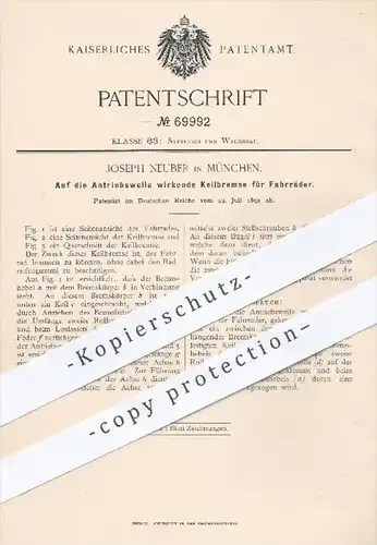 original Patent - Joseph Neuber in München , 1892 , Auf die Antriebswelle wirkende Keilbremse für Fahrräder , Bremse !!