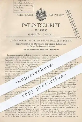 original Patent - Drägerwerk Heinr. & Bernh. Dräger , Lübeck , 1905 , Gegenstromkühler für Luftverflüssigungsvorrichtung