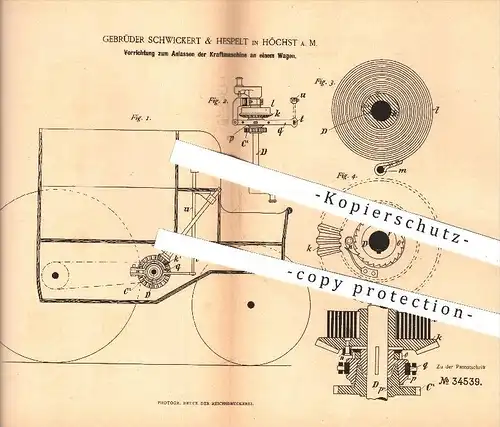 original Patent - Gebrüder Schwickert & Hespelt in Höchst / Main , 1885 , Anlassen der Kraftmaschine , Motor , Motoren !