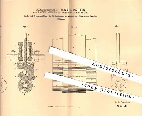 original Patent - Maschinenfabrik Esslingen u. Raoul Mesnier de Ponsard , Lissabon , 1888 , Greifer für Straßenbahnen !!