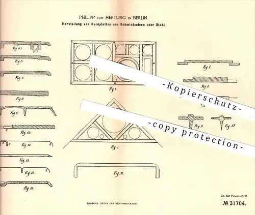 original Patent - Philipp von Hertling , Berlin 1884 , Herdplatten aus Schmiedeeisen oder Stahl , Eisen , Herd , Schmied