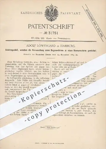 original Patent - Adolf Löwengard in Hamburg , 1884 , Regenschirm u. Sonnenschirm , Schirm , Schirmgestell , Schirme !!!