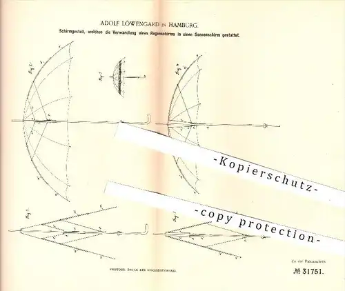 original Patent - Adolf Löwengard in Hamburg , 1884 , Regenschirm u. Sonnenschirm , Schirm , Schirmgestell , Schirme !!!