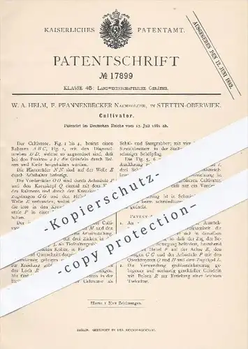 original Patent - W. A. Helm , F. Pfannenbecker Nachf. , Stettin Oberwiek , 1881 , Kultivator , Landwirtschaft !!!