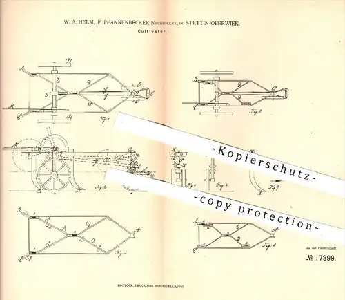 original Patent - W. A. Helm , F. Pfannenbecker Nachf. , Stettin Oberwiek , 1881 , Kultivator , Landwirtschaft !!!