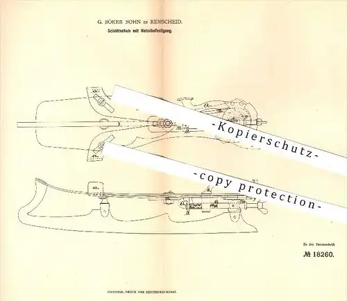 original Patent - G. Böker Sohn in Remscheid , 1881 , Schlittschuh mit Hebelbefestigung , Schlittschuhe , Schuhe , Sport