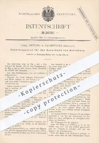original Patent - Carl Örtling in Neumünster , 1883 , Kontrollapparat für den Ausschank von Getränken , Gastronomie !!!