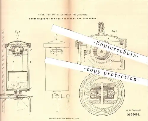 original Patent - Carl Örtling in Neumünster , 1883 , Kontrollapparat für den Ausschank von Getränken , Gastronomie !!!