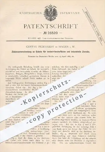 original Patent - Gustav Pickhardt , Hagen , 1883 , Auswechseln der Gabeln für Landwirtschaft - Geräte / Heu , Stroh !