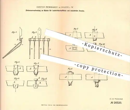 original Patent - Gustav Pickhardt , Hagen , 1883 , Auswechseln der Gabeln für Landwirtschaft - Geräte / Heu , Stroh !