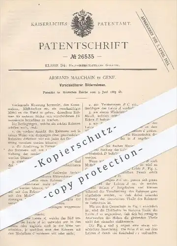 original Patent - Armand Mauchain , Genf  1883 , Verschiebbarer Bilderrahmen , Rahmen , Bild , Bilder , Fotograf , Kunst