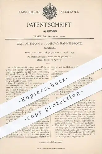 original Patent - C. Allemann , Hamburg Hammerbrook , 1894 , Spritzflasche , Flasche , Kolbenspritze , Spritze , Medizin