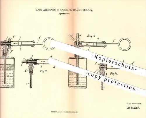 original Patent - C. Allemann , Hamburg Hammerbrook , 1894 , Spritzflasche , Flasche , Kolbenspritze , Spritze , Medizin