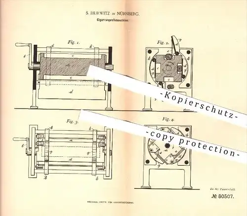 original Patent - S. Hurwitz in Nürnberg , 1894 , Zigarren - Pressmaschine , Zigarre , Zigaretten , Tabak , Rauchen !!!