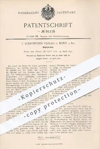 original Patent - F. Soennecken Verlag in Bonn , 1896 , Kopierpresse , Presse , Pressen , Kopieren , Druck , Buchdruck