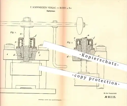 original Patent - F. Soennecken Verlag in Bonn , 1896 , Kopierpresse , Presse , Pressen , Kopieren , Druck , Buchdruck