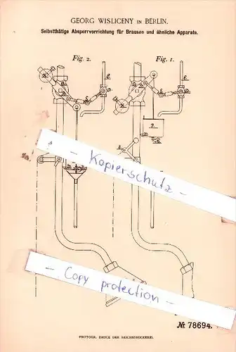 Original Patent  - Georg Wisliceny in Berlin , 1894 , Wasserleitung !!!