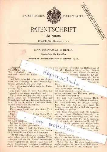 Original Patent  - Max Heidroska in Berlin , 1893 , Herdaufsatz für Kochöfen !!!