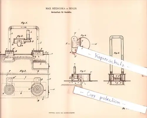Original Patent  - Max Heidroska in Berlin , 1893 , Herdaufsatz für Kochöfen !!!