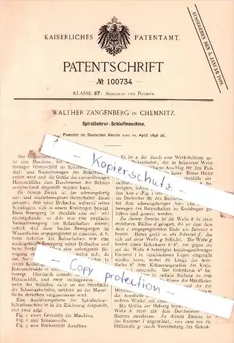 Original Patent  - W. Zangenberg in Chemnitz , 1898 , Spiralborhrer-Schleifmaschine !!!