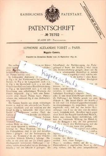 Original Patent  - Alphonse Alexandre Foiret in Paris , 1893 , Magazin-Camera , Photographie , Fotoapparat !!!