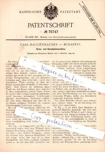 Original Patent  - Carl Haggenmacher in Budapest , 1893 , Gries- und Dunstputzmaschine !!!