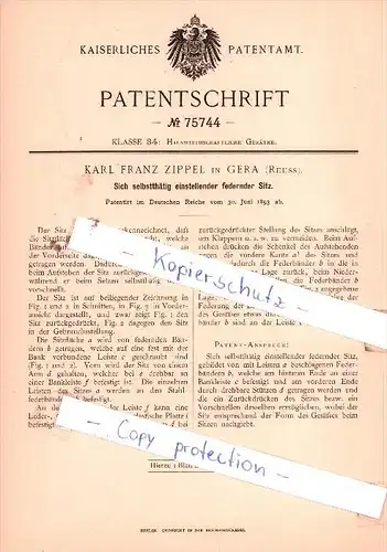 Original Patent  - K. F. Zippel in Gera , Reuss , 1893 , Sich selbstthätig einstellender federnder Sitz !!!
