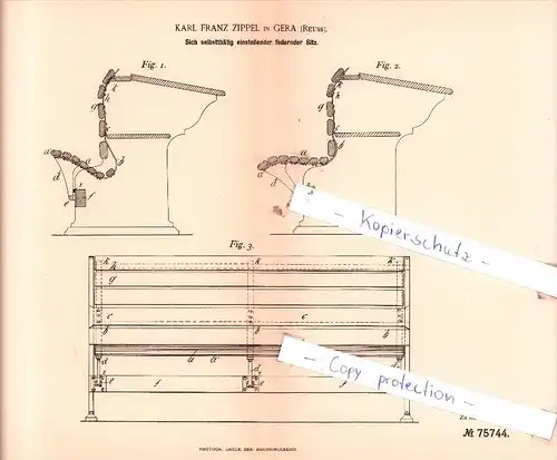 Original Patent  - K. F. Zippel in Gera , Reuss , 1893 , Sich selbstthätig einstellender federnder Sitz !!!