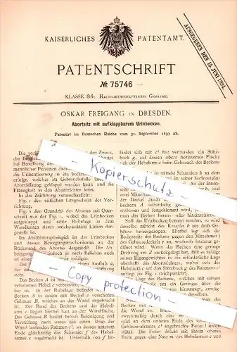 Original Patent  - Oskar Freigang in Dresden , 1893 , Abortsitz mit aufklappbarem Urinbecken !!!