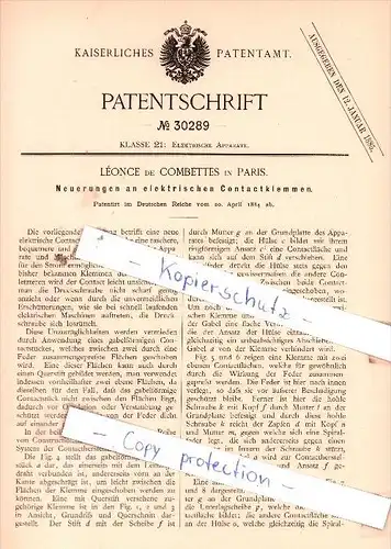 Original Patent  - Lèonce de Combettes in Paris , 1884 ,  elektrische Contactklemmen !!!