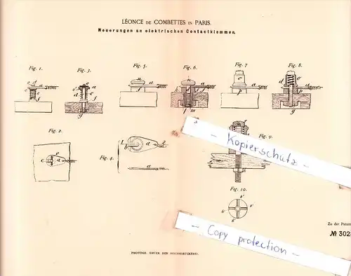 Original Patent  - Lèonce de Combettes in Paris , 1884 ,  elektrische Contactklemmen !!!