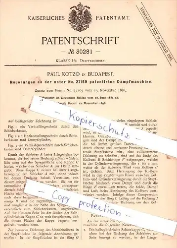 Original Patent  - Paul Kotzò in Budapest , 1884 , Neuerungen an der Dampfmaschine !!!